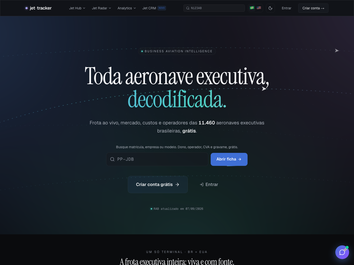 Tela inicial do Jet Tracker: busca por matrícula e frota executiva brasileira ao vivo